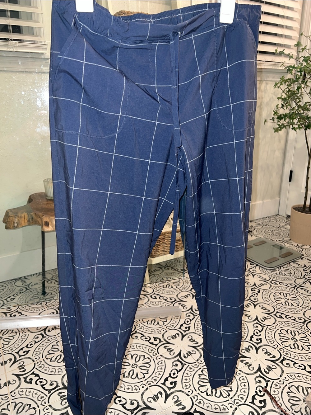 Womens Navy Windowpane Casual Pants